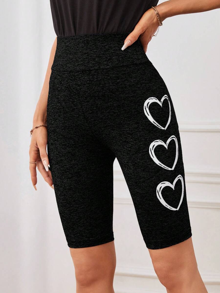 SHEIN LUNE Heart Print Wideband Waist Biker Shorts - Black - View 1