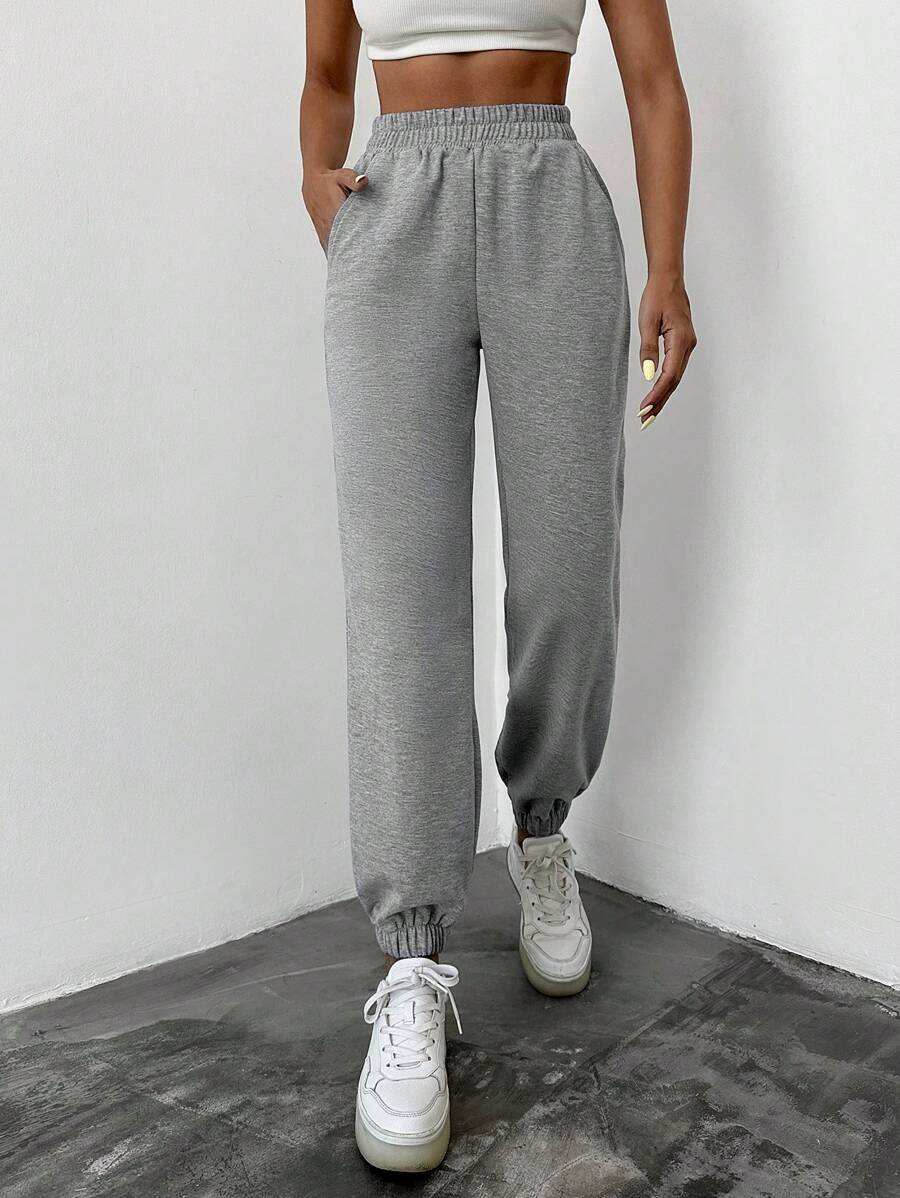 RueChic Solid Elastic Waist Slant Pocket Sweatpants - Grey - View 1
