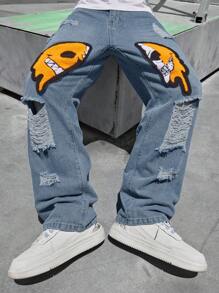 Manfinity EMRG 男士卡通圖形撕裂直筒牛仔褲 - 中等水洗藍 - 查看 1