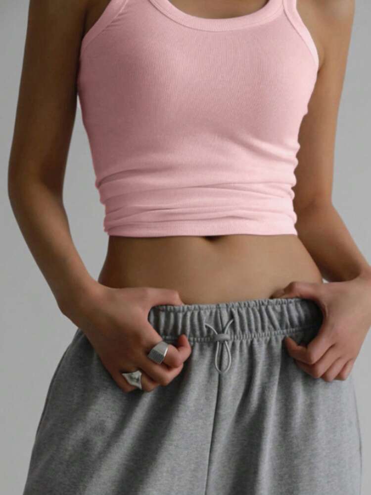 Solid Ribbed Knit Tank Top Preppy Tops