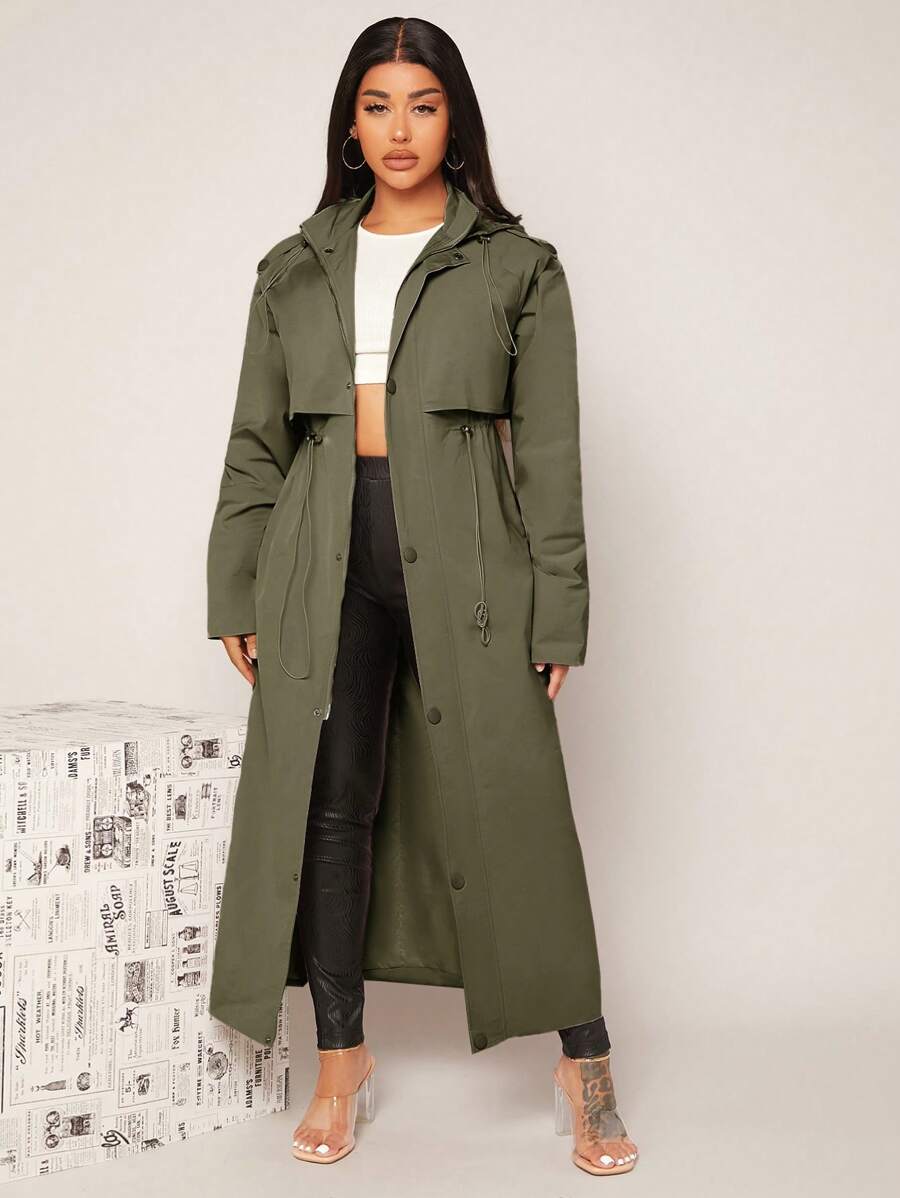 SHEIN SXY Drawstring Waist Hooded Trench Coat - Army Green - View 1
