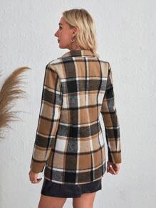 SHEIN Clasi 格紋印花西裝領西裝外套 - 棕色 - 查看 2