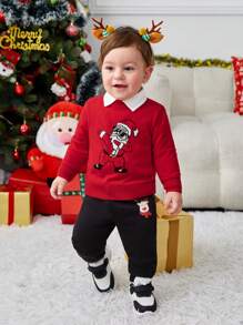 SHEIN Baby Boy Christmas Santa Claus Print Sweater Without Shirt - Red - View 6