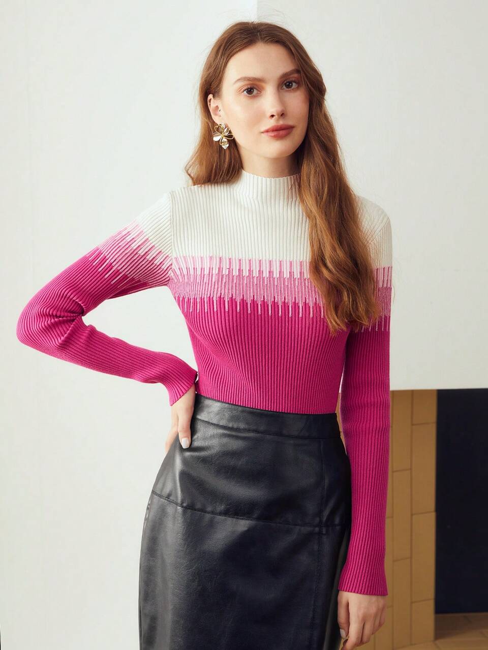MOTF RIB KNIT PRINT MOCK-NECK SWEATER
