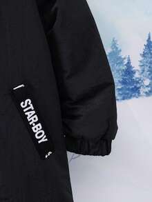 SHEIN 男童单件字母图案毛绒装饰连帽棉服 - 黑色 - 查看 3