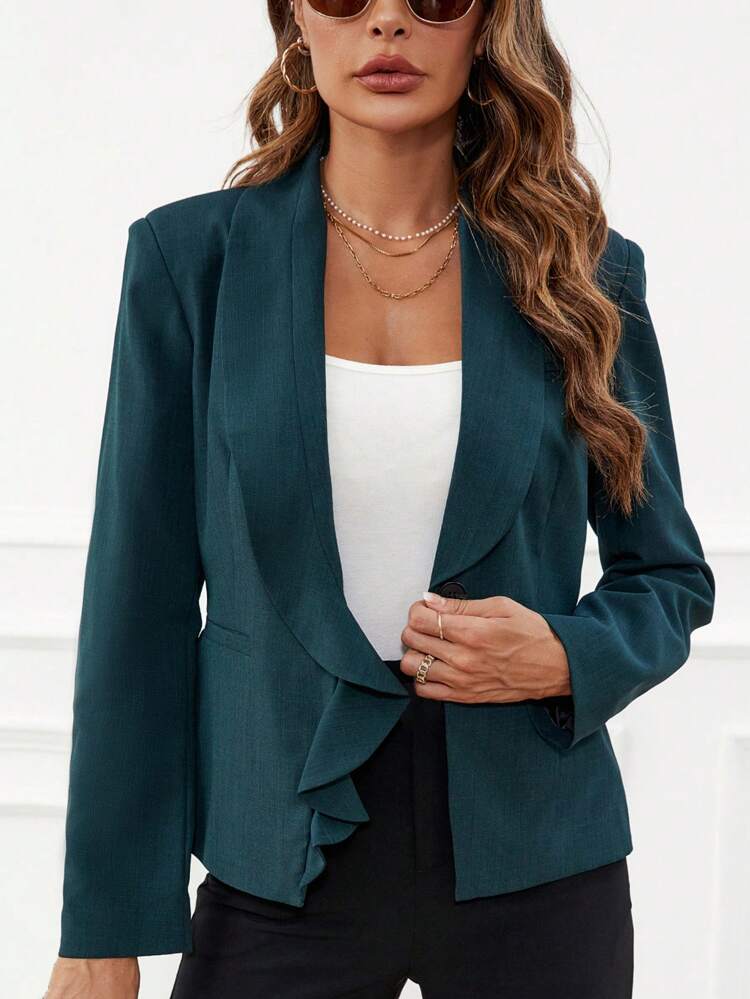 Shawl Collar Open Front Ruffle Trim Blazer