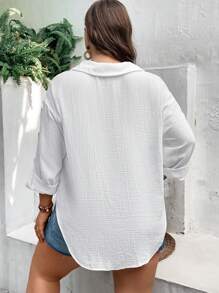 SHEIN Frenchy 大碼落肩袖前紐扣襯衫 - 白色 - 查看 2