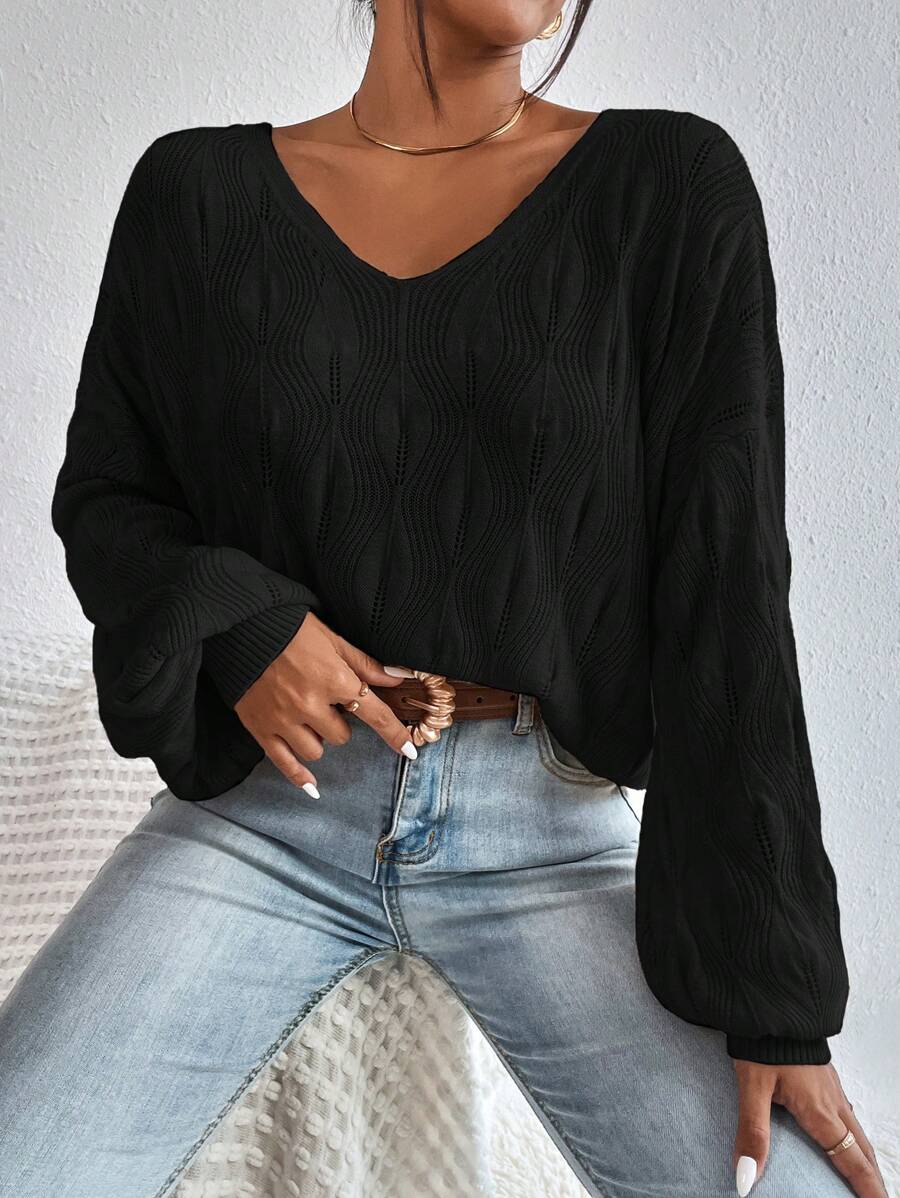 RueChic Solid V Neck Bishop Sleeve Sweater