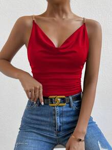 Allurite Top camisero fruncido con cuello drapeado y detalle de cadena para ropa de Año Nuevo - Rojo - Ver 3