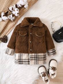 Bébé Fille Manteau À Carreaux Poche À Rabat En Flanelle - Tabac - Voir 1