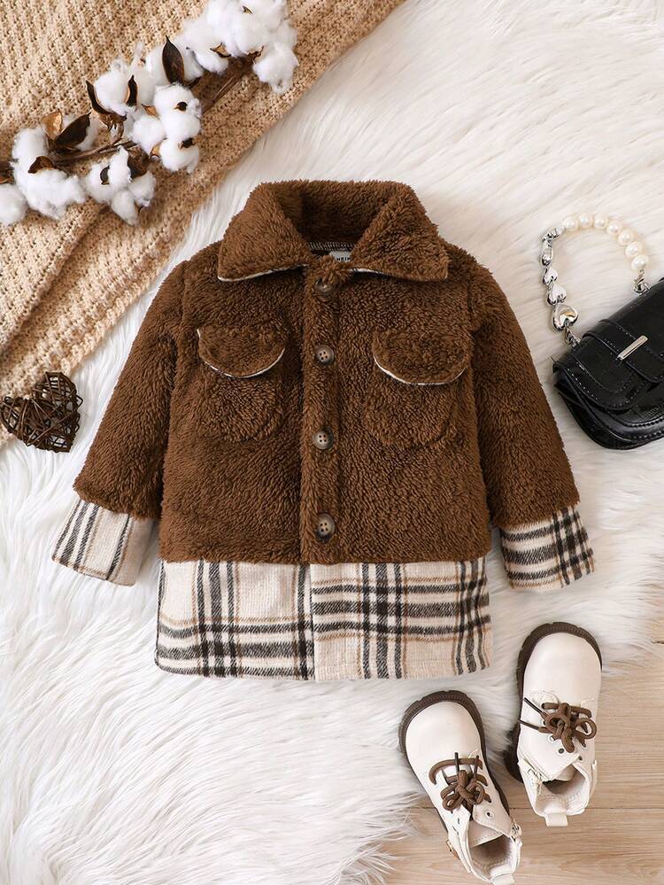 Baby Girl Plaid Panel Flap Pocket Flannel Coat