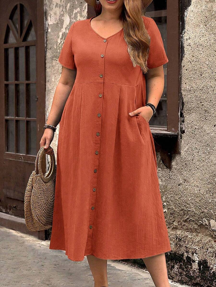 EMERY ROSE Plus Solid Button Front Slant Pocket Smock Dress - Redwood - View 1
