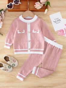 Baby Girl Contrast Trim Button Front Cardigan & Knit Pants - Pink - View 1