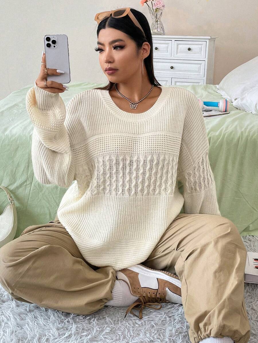 Flirla Plus Cable Knit Drop Shoulder Sweater Knit Pullover Fall Winter Sweater - Apricot - View 1
