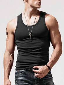 Men Solid Thermal Tank Top - Black - View 1