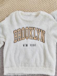 SHEIN Tween Girl Letter Embroidery Teddy Pullover & Plaid Pants - Multicolor - View 4