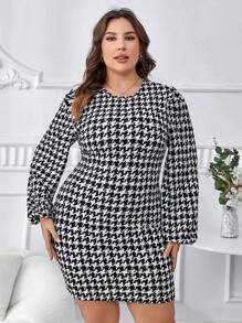 SHEIN Clasi 大碼千鳥格印花燈籠袖緊身洋裝 - 黑與白 - 查看 3