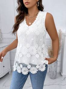 Calvaya 大碼提花蕾絲上衣 - 白色 - 查看 4