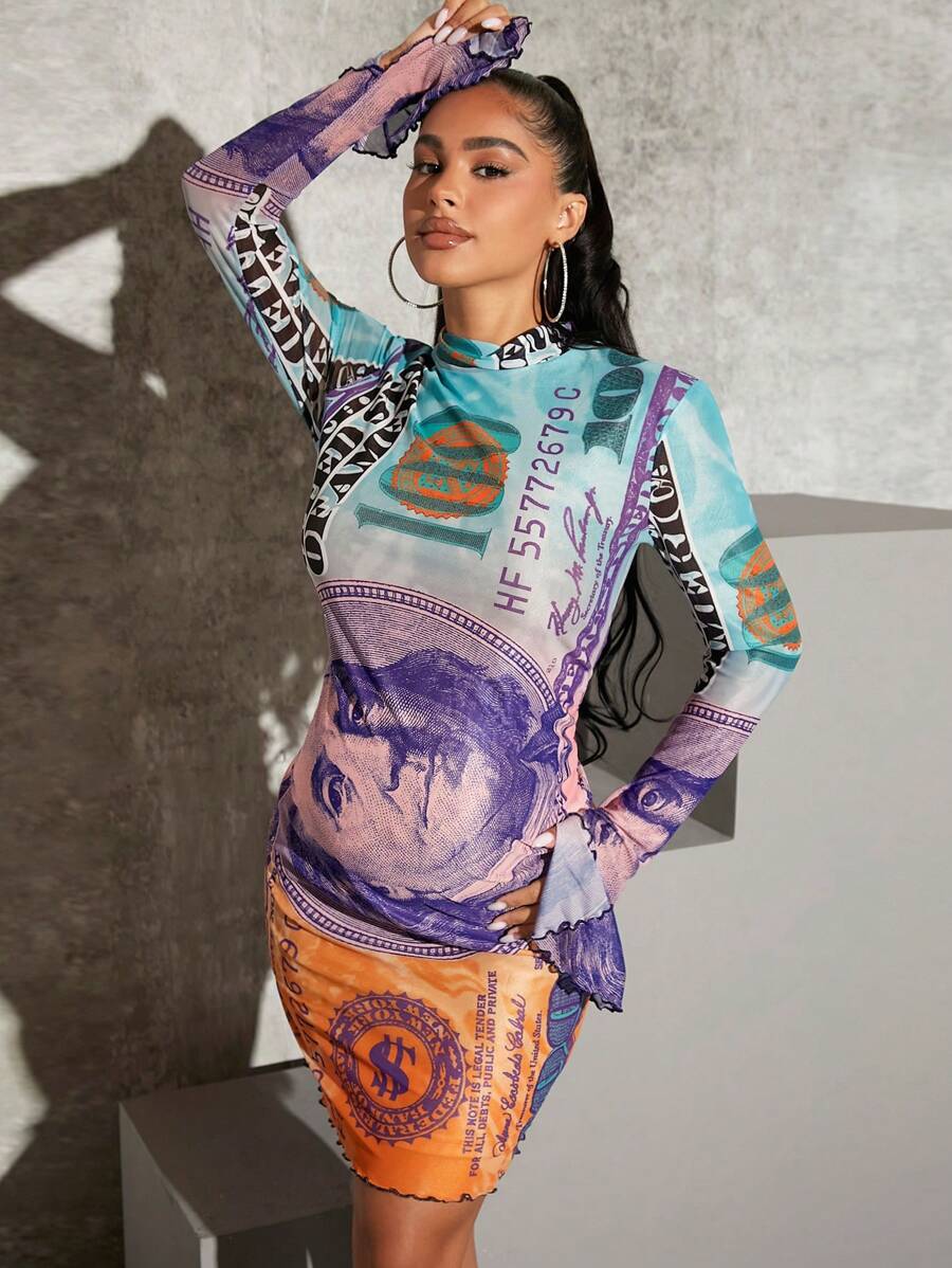 SHEIN Maternity Letter Graphic Mock Neck Bodycon Dress - Multicolor - View 1