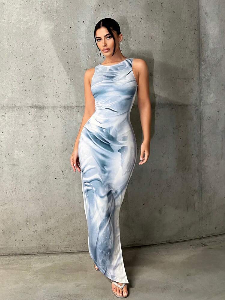 shein tie dye bodycon dress SHEIN ICON Tie Dye Print Bodycon Long Dress,Dresses For Women Summer