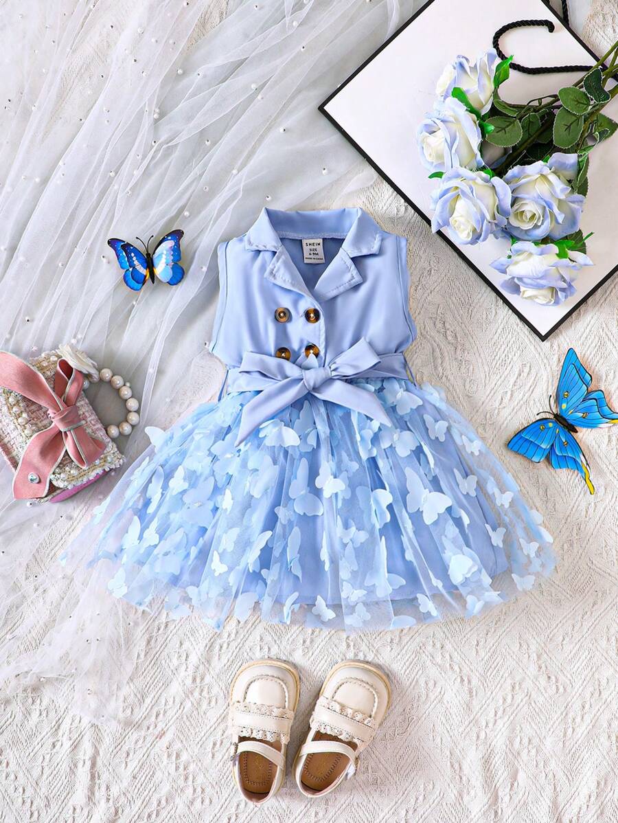 Bebé niña Vestido con mariposa aplique bajo con malla - Azul - Ver 1