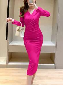SHEIN EZwear Solid Ruched Bodycon Dress - Hot Pink - View 4