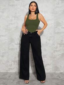 SHEIN SXY Viền không đối xứng Áo ba lỗ - xanh quân đội - Xem 4