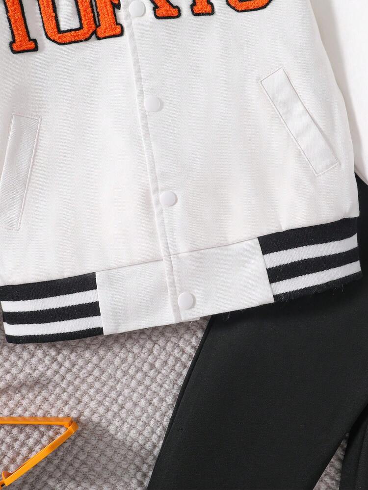 Young Girl Letter Patched Striped Trim Bomber Jacket & Cami Jumpsuit