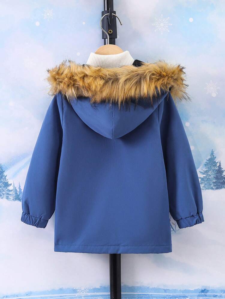 Young Boy Letter Patched Detail Fuzzy Trim Hooded Thermal Lined Coat Without Sweater