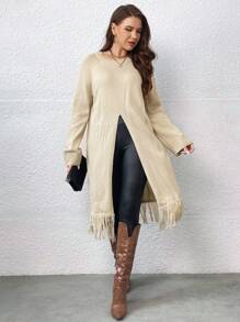 SHEIN Clasi 大碼流蘇下擺插肩袖下擺開叉長款毛衣