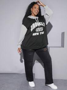 SHEIN CURVE+ 加大码字母图案撞色抽绳卫衣 - 彩色 - 查看 7