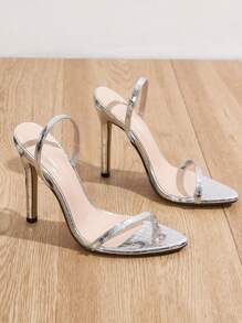 春夏女士露趾豹纹绑带踝带细高跟凉鞋，性感时尚优雅派对正式场合黑色高跟鞋 - 銀色 - 查看 5