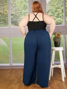 SHEIN CURVE+ Talla grande Pantalones de pierna ancha de cintura con volante - Azul Marino - Ver 2