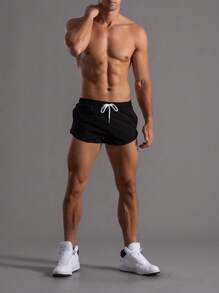 Coreblaze Boyfriend Style Men Drawstring Waist Sports Gym Black Shorts, Lightweight - Black - View 1
