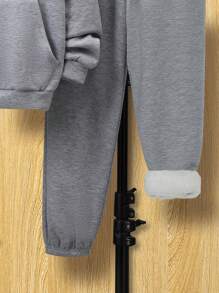 SHEIN EZwear Women'S Plus Size Hooded Zipper Sweatshirt And Jogger Knit Two-Piece Set With Letter Print - Light Grey - View 4