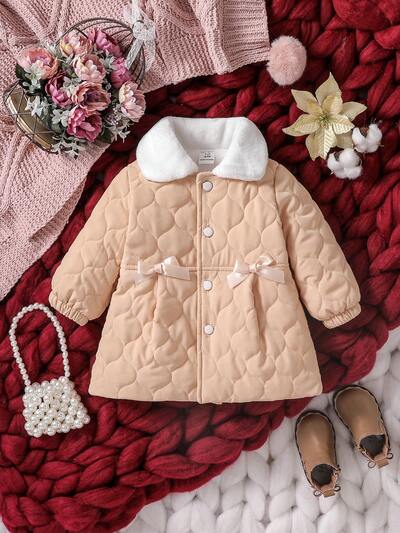 Baby Girl Borg Collar Bow Front Contrast Collar Bow Front Bishop Sleeve Coat