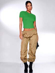 SHEIN BAE Chất rắn Áo phông Crop - màu xanh lá - Xem 4