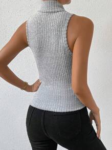 Chiquease Turtleneck Ribbed Knit Tank Top - Grey - View 2