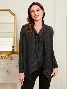 EMERY ROSE Striped Open Front Glitter Coat Without Top - Black - View 5