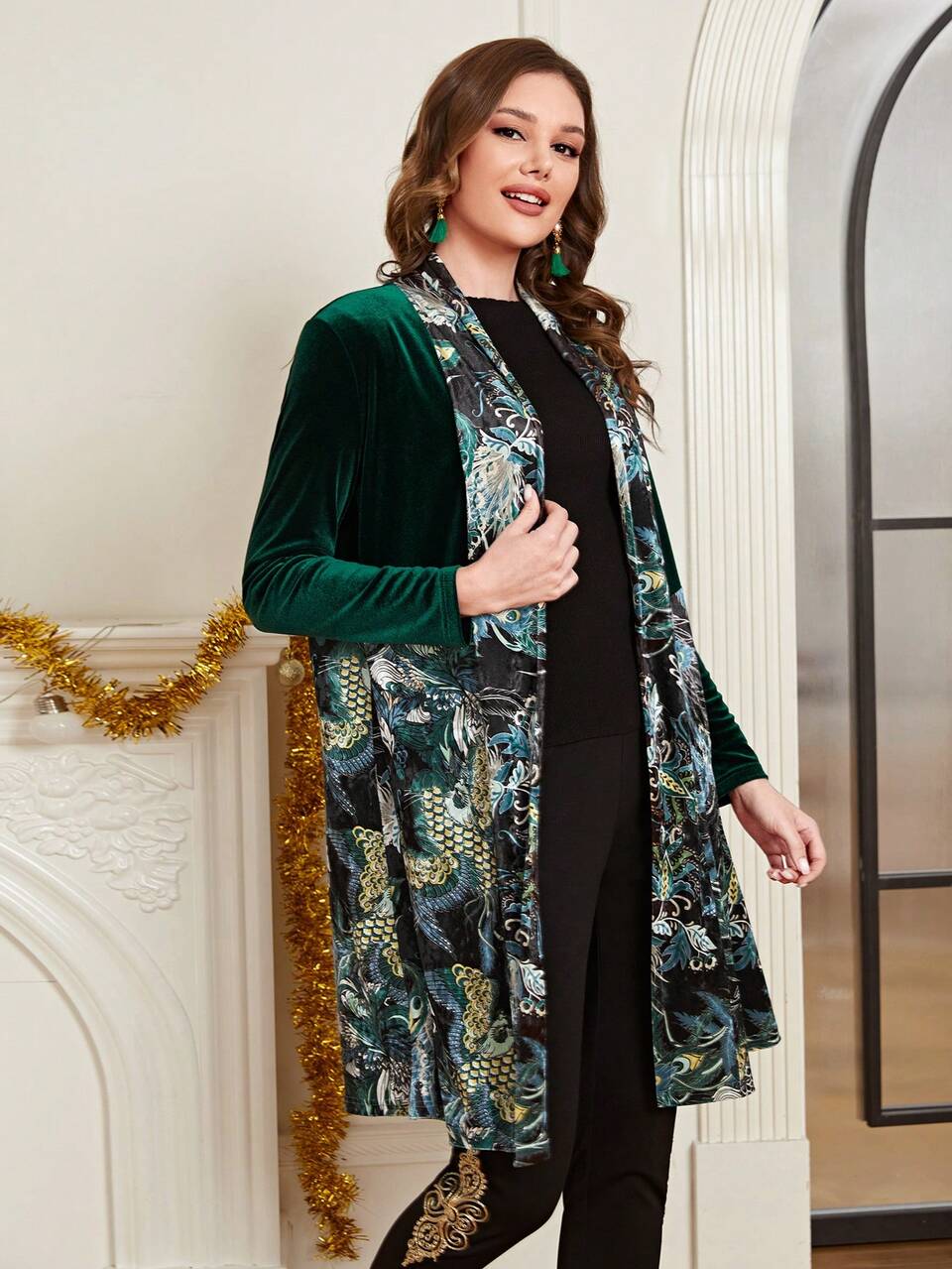 Plants Print Open Front Velvet Coat