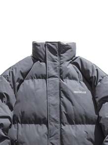 Men Letter Graphic Drawstring Hem Padded Coat - Grey - View 3