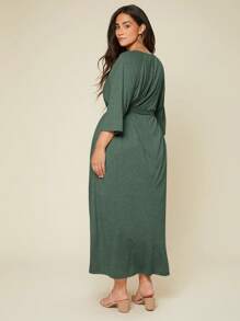 Mulvari Plus Solid Raglan Sleeve Belted Dress - Dark Green - View 2