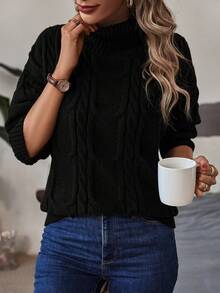 Pulover cu guler rotund, tricot cablu, cu umeri - Negru - Vizualizare 5