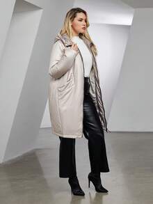 Astrid Plus Size Zip Up Tape Chi tiết Áo khoác có mũ trùm đầu - Màu be - Xem 4