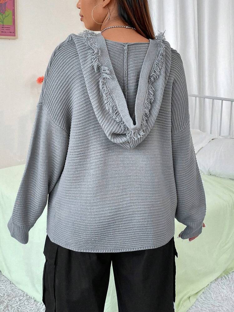 Plus Drop Shoulder Hooded Sweater Knit Pullover Fall Winter Sweater