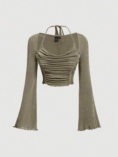 SHEIN MOD 系带后背生菜边饰前褶饰喇叭袖 T 恤