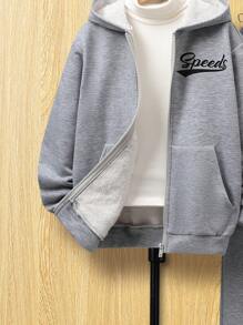 SHEIN EZwear Women'S Plus Size Hooded Zipper Sweatshirt And Jogger Knit Two-Piece Set With Letter Print - Light Grey - View 6