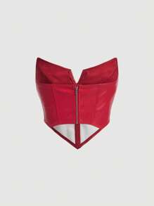 SHEIN MOD Solid PU Leather Bandana Hem Tube Top - Red - View 2