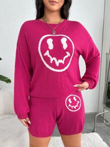 SHEIN EZwear Plus Expression Pattern Drop Shoulder Sweater & Knit Shorts - Hot Pink - View 4
