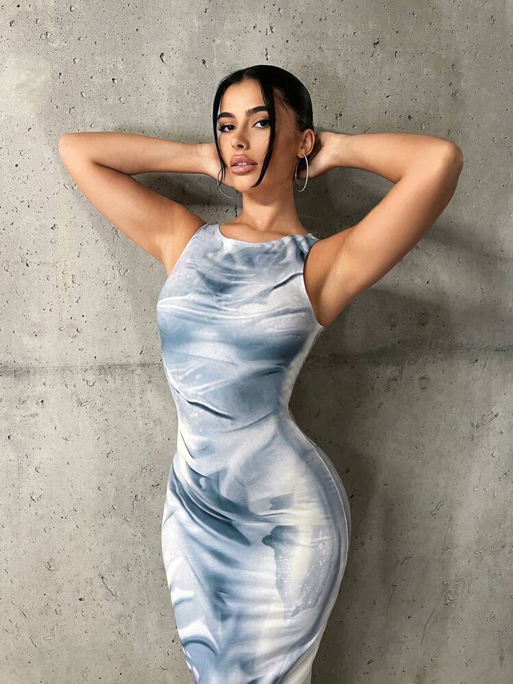 shein tie dye bodycon dress Shein SXY Bodycon Tank Dress Women 6 Stretch Knit Midi Sleeveless Tie Dye